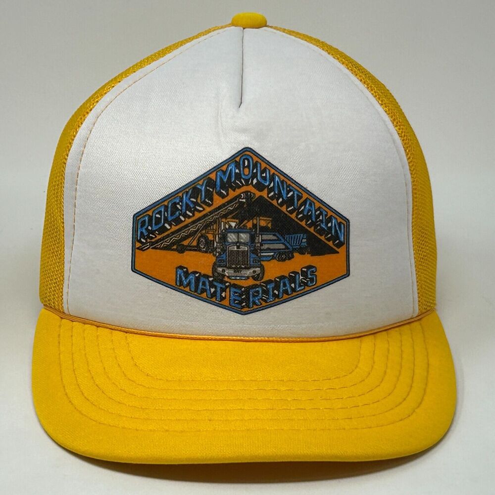 Vintage 80s Rocky Mountain Materials Trucker Hat Baseball Cap Yellow Snapback